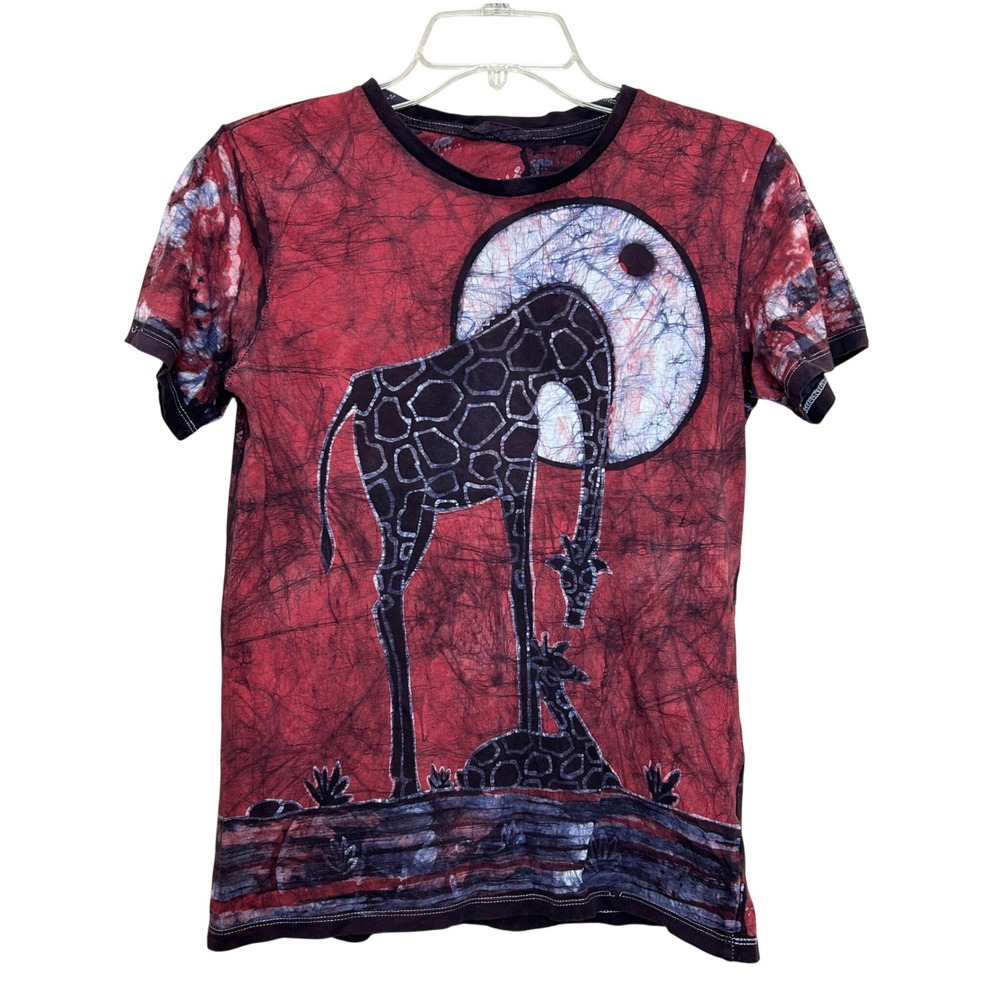 Giraffe Batik T Shirt Womens XS Red Organic Cotton Tie Dye Tee Boho Indie Moon